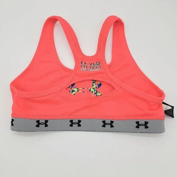 Under Armour Sports Bra Youth Girls Large Neon Coral Pink Black Athletic Workout - Picture 6 of 9